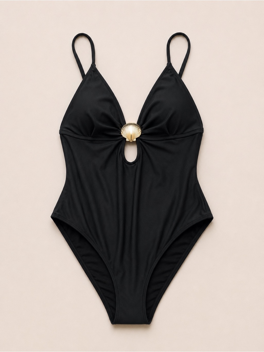 Shade & Shore Black One-Piece Swimsuit with Gold Shell Accent